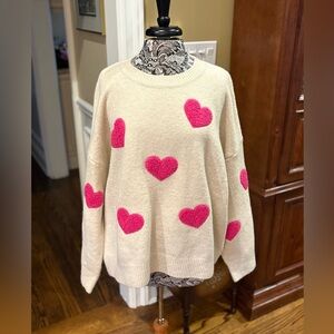 Adora Heart Sweater - Cream w/Pink Hearts - Size Large